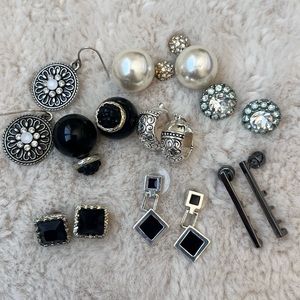 Earring Lot of 8 pairs silver, pearl, black, sparkle